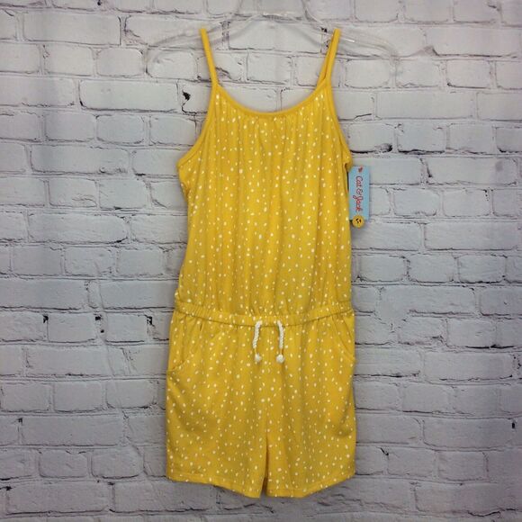 Cat & Jack Girls Sz L (10-12)Yellow Polka Dot Romper One Piece Drawstring Accent - Picture 1 of 6